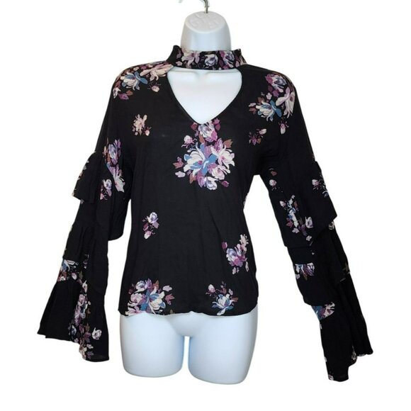 BP Floral Keyhole Blouse S | Rayon | Black Purple | Tiered Bell Sleeve - Picture 8 of 8